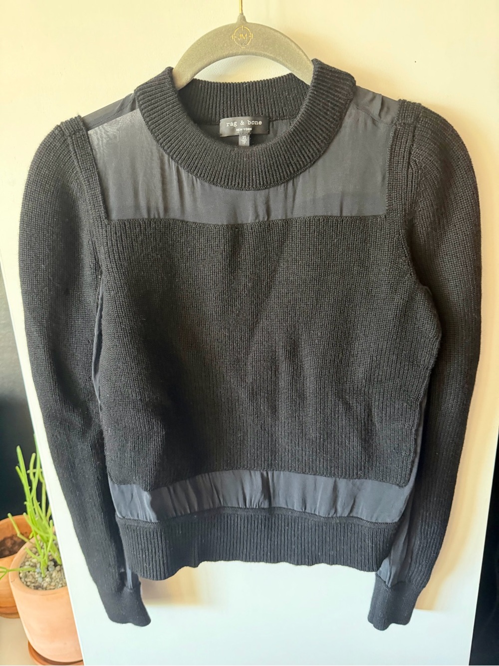 rag & bone Black Mixed-Knit Crewneck Sweater with Woven Panels